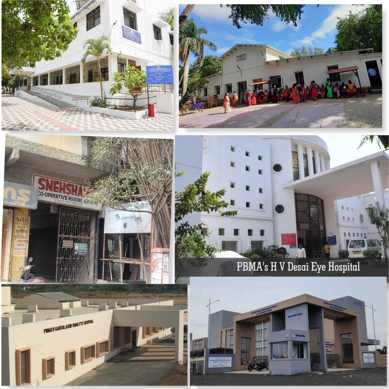 Collage featuring a variety of buildings, including the main building of the Technical Training Institute and the main building of H.V. Desai Eye Hospital