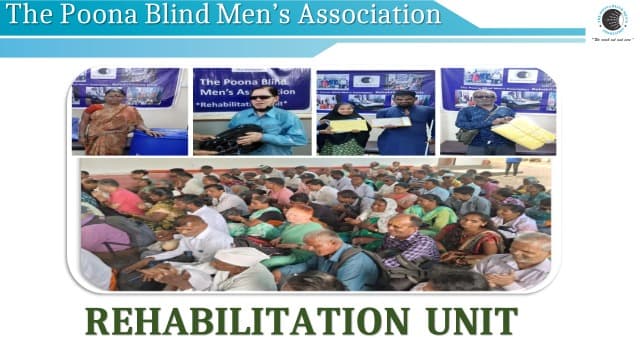 Collage showing the distribution of free folding white canes to visually impaired beneficiaries by members of The Poona Blind Men's Association during a rehabilitation initiative