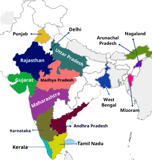 Students from across different Indian states shown on a map as enrolled in TTI programs